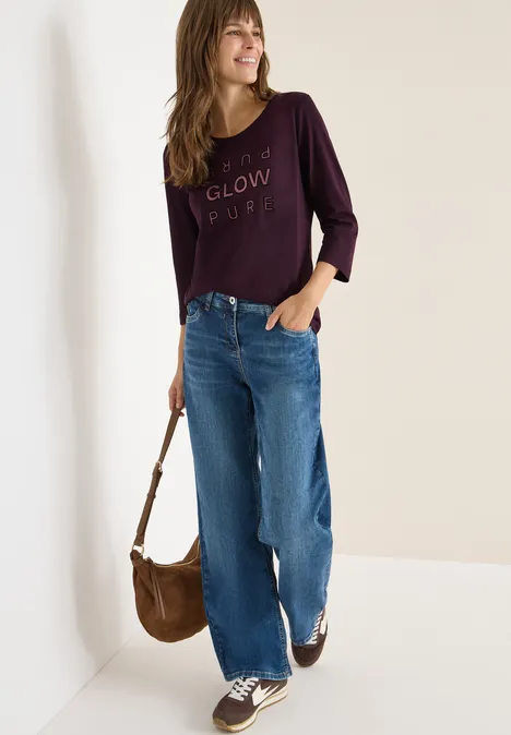 Shirt met glitter tekst eggplant red Shirt met glitter tekst eggplant red