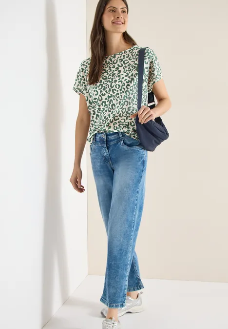 Shirt van linnen met leo-print macadamia beige