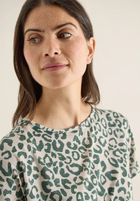 Shirt van linnen met leo-print macadamia beige