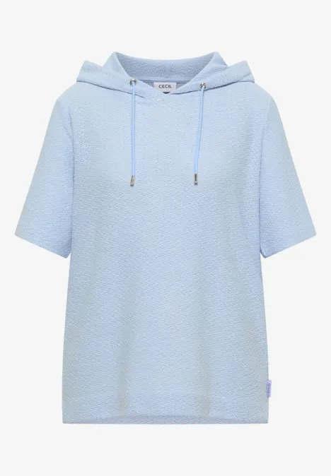 Hellblauer Waffelstrick-Kurzarm-Hoodie mit weichem, texturiertem Stoff.