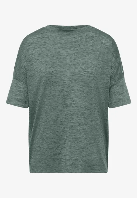Locker geschnittenes T-Shirt in meliertem Graugrün mit kurzen Ärmeln und Rundhalsausschnitt.