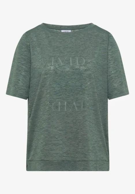 Grünes kurzärmeliges T-Shirt mit meliertem Muster und dezenter Frontaufschrift.
