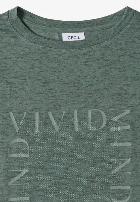 Graues T-Shirt in melierter Optik mit heller Schrift ‚VIVID MIND‘ und CECIL-Label am Kragen.