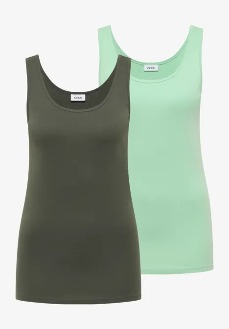 Twee effen mouwloze tanktops in donker- en mintgroen.