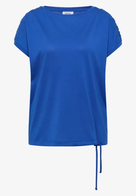 Blaues T-Shirt mit Rundhalsausschnitt und seitlicher Kordel am Saum