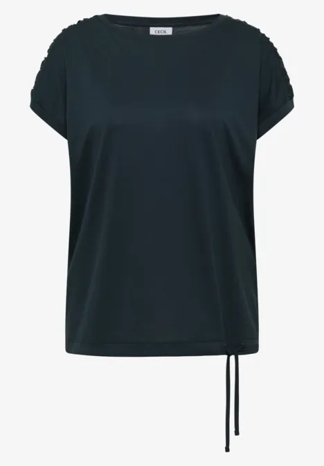 Schlichtes schwarzes Kurzarmshirt mit lockerem Schnitt und Kordelzug am Saum.