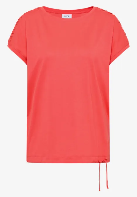 Korallfarbenes Damen-T-Shirt mit Kurzarm, Rundhalsausschnitt und seitlicher Kordel am Saum.