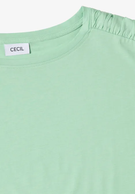 Shirt met korte mouwen en rimpels juicy lime Lichtgroen T-shirt met ronde hals, plooien op de schouder en 'CECIL' merklabel bij de kraag