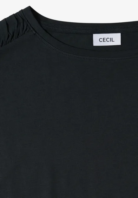 Zwart T-shirt met ronde hals, licht geplooide mouwen en 'CECIL'-label aan de binnenkant van de kraag.