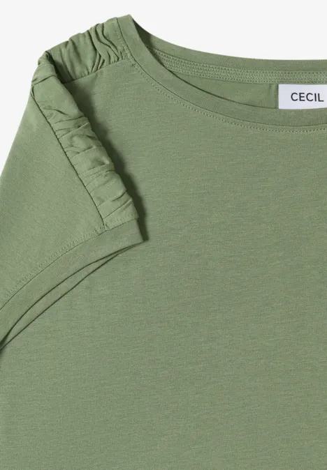 T-shirt vert pour femme à manches courtes et volants aux épaules, étiquette 'CECIL' au col
