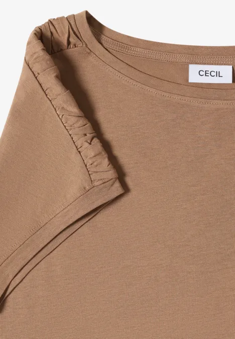 T-shirt marron avec volants aux manches et étiquette CECIL