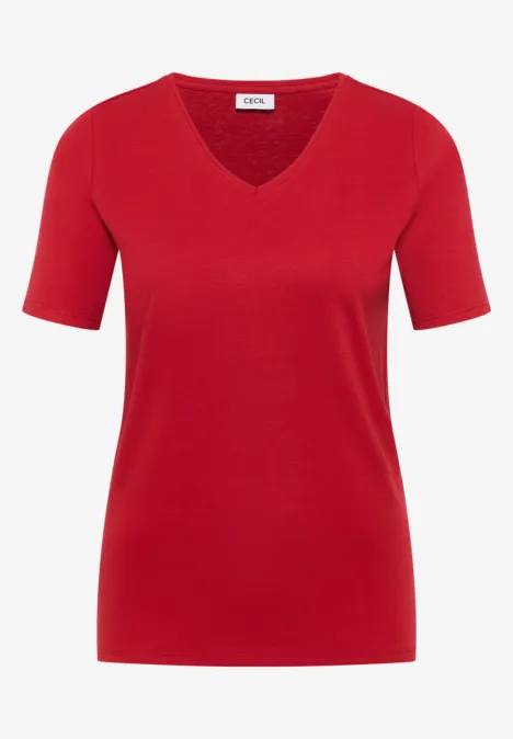 Basic T-Shirt aus Baumwolle tamarillo red Rotes, kurzärmeliges Damen-T-Shirt mit V-Ausschnitt
