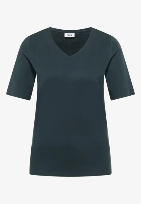 Basic T-Shirt aus Baumwolle deep petrol blue Dunkelgrünes Shirt mit V-Ausschnitt und halblangen Ärmeln.