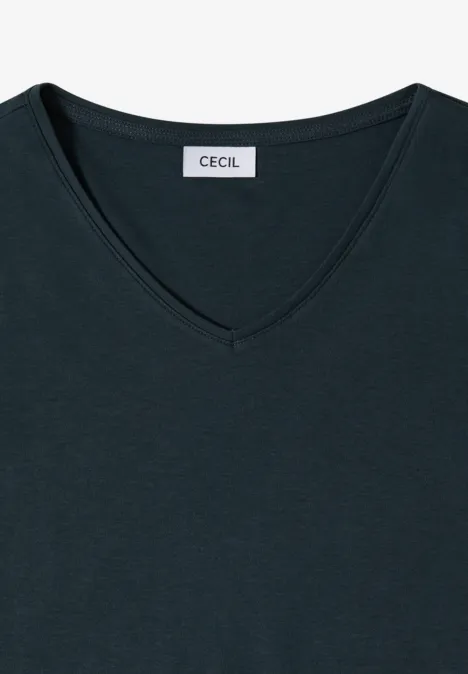 Basic T-Shirt aus Baumwolle deep petrol blue Dunkelgrünes V-Neck-Shirt mit CECIL-Label.