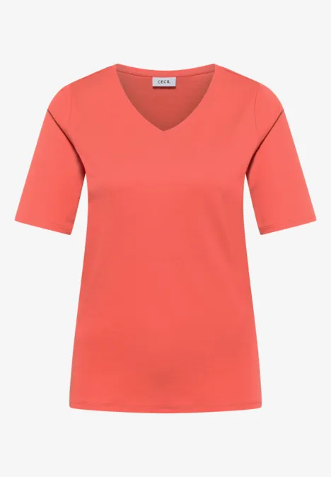 Koraalrood, effen dames-T-shirt met V-hals en korte mouwen.