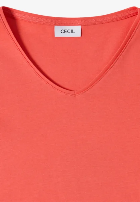 Koraalroze T-shirt met V-hals en CECIL-label.