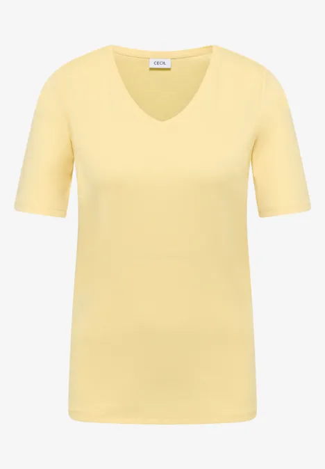 Basic katoenen shirt buttermilk yellow Lichtgeel T-shirt met korte mouwen en V-hals, eenvoudig en tijdloos.