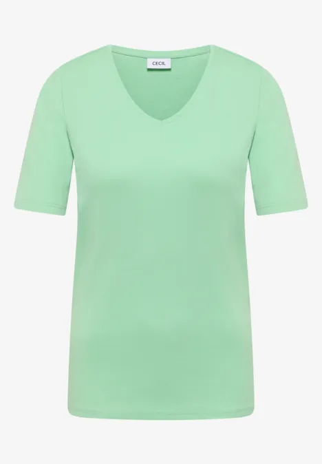 Basic katoenen shirt juicy lime Een eenvoudig mintgroen T-shirt met V-hals en ellebooglange mouwen.