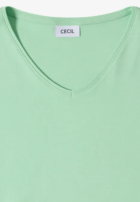 Basic katoenen shirt juicy lime Mintgroen V-hals T-shirt, korte mouwen, effen design met CECIL-label achterin de nek.