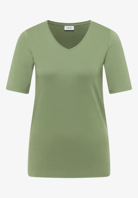 T-shirt basique en coton deep matcha green Un t-shirt vert olive uni à col en V et manches courtes.