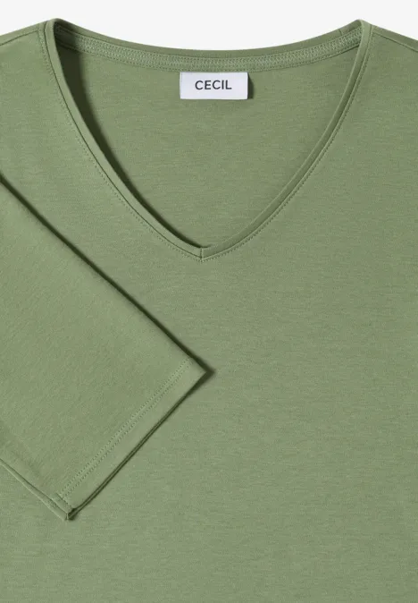 T-shirt basique en coton deep matcha green T-shirt vert à col V avec manches 3/4 et étiquette CECIL.
