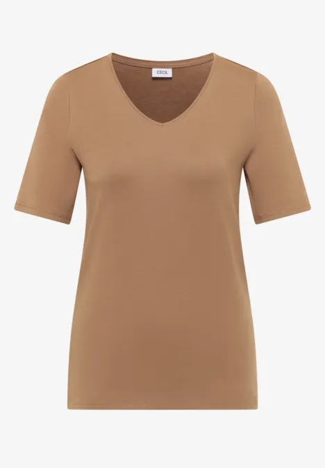 T-shirt basique en coton creamy mocha T-shirt marron uni à manches courtes avec col en V.