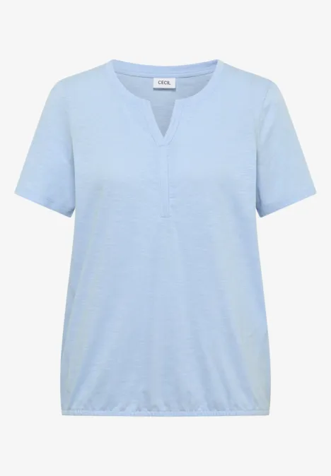 Lichtblauw T-shirt met korte mouwen, V-hals en elastische zoom voor een casual look.