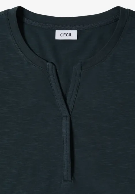 Dunkelgrünes Damen-Shirt mit Rundhalsausschnitt und kurzer Knopfleiste von CECIL.