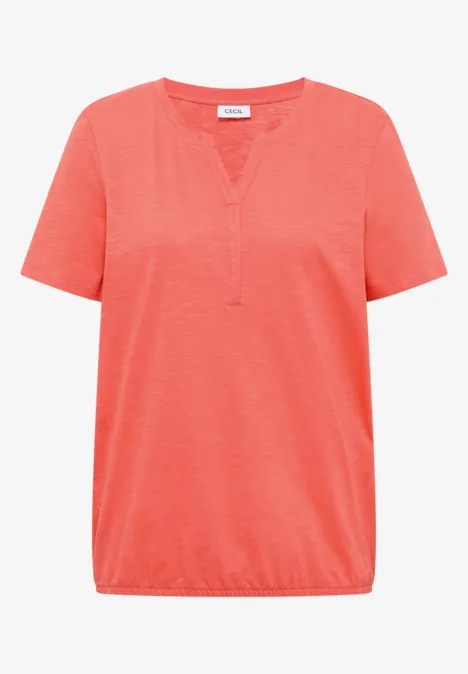 Rotes T-Shirt mit V-Ausschnitt, kurzen Ärmeln und elastischem Saum.