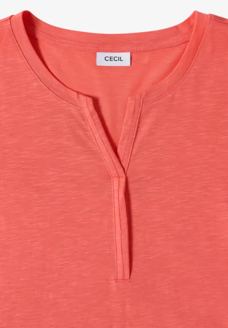Korallenrotes Damen-Shirt mit kleinem V-Ausschnitt und CECIL-Label