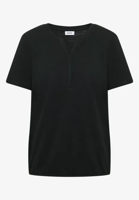 Basic shirt in tuniekstijl palm breeze green Zwart T-shirt met korte mouwen, V-hals en knoopsluiting.