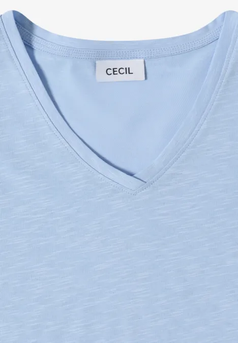 Basic Shirt met V-hals light sky blue Lichtblauw V-hals T-shirt met effen design en CECIL-label.