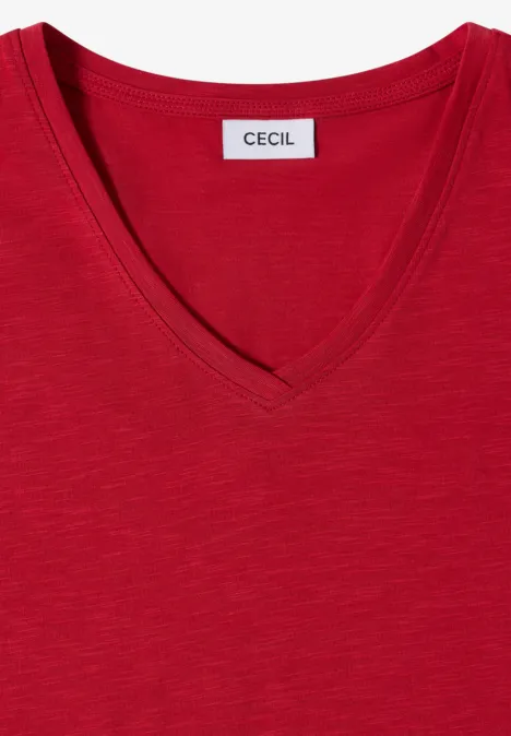 Basic T-Shirt mit Kurzarm und V-Neck tamarillo red Rotes V-Ausschnitt-Shirt mit Markenetikett CECIL.