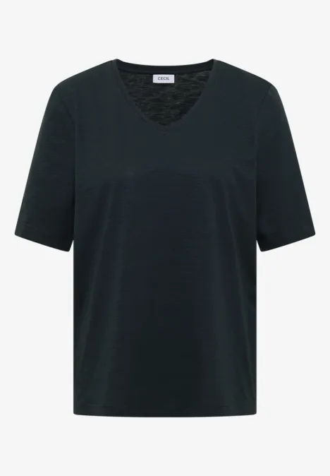 Schlichtes schwarzes V-Ausschnitt-T-Shirt mit kurzen Ärmeln.