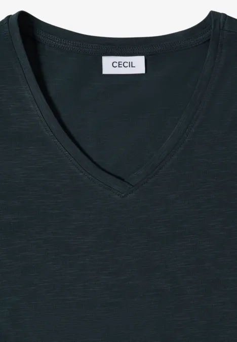 Dunkelgraues V-Shirt mit leicht meliertem Stoff und einem CECIL-Label im Kragenbereich.