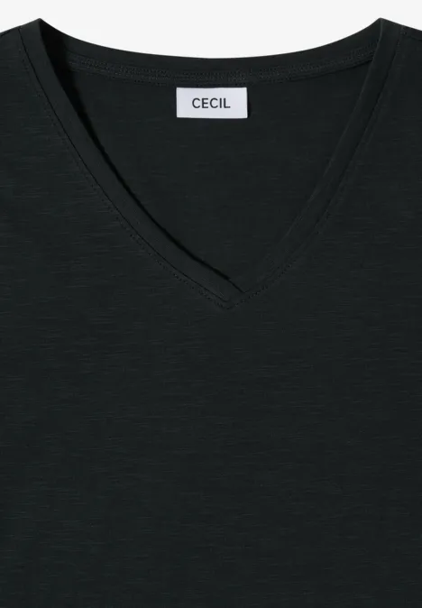 Basic Shirt met V-hals palm breeze green Zwart V-hals T-shirt met het label "Cecil" aan de nek.