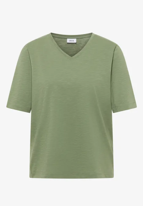 Prosty oliwkowozielony T-shirt z dekoltem w serek i krótkimi rękawami.