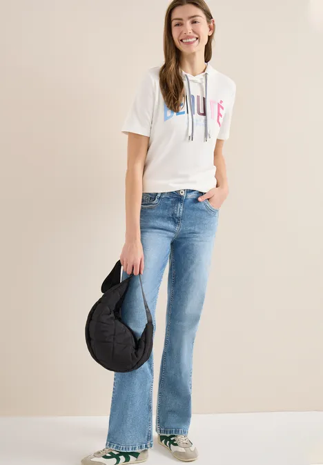 Kurzarm T-Shirt mit Kapuze und Print vanilla white