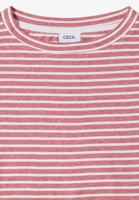 Rot-weißer, quer gestreifter Pullover mit rundem Ausschnitt und Markenlabel