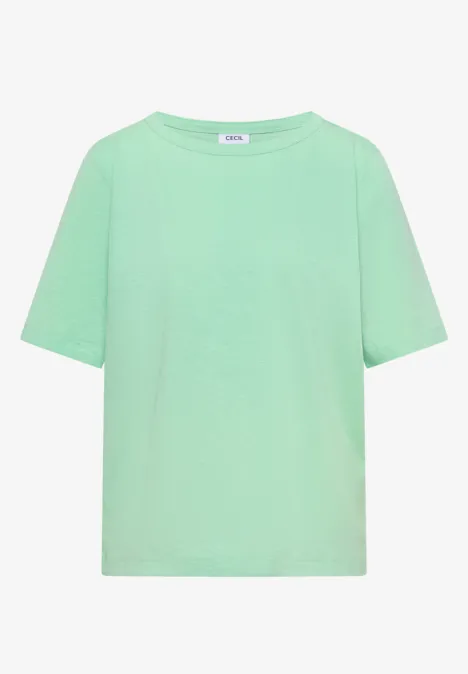 Ein schlichtes, mintgrünes T-Shirt mit rundem Ausschnitt auf weißem Hintergrund.