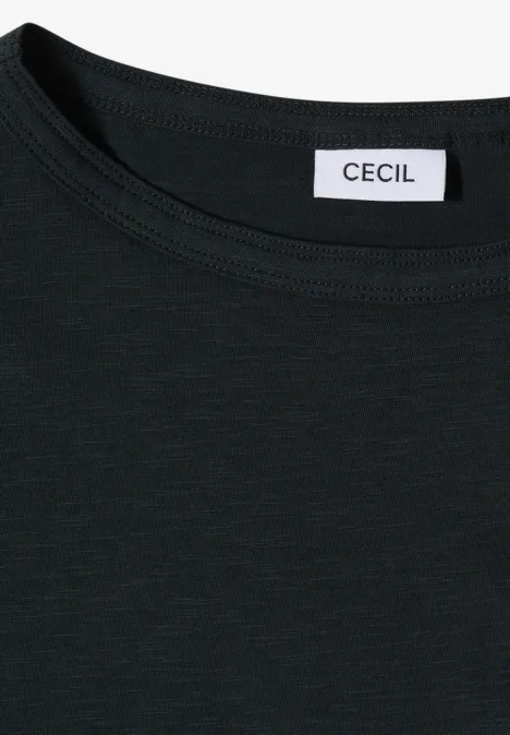 Schwarzes T-Shirt mit Rundhalsausschnitt und CECIL-Label im Nacken.