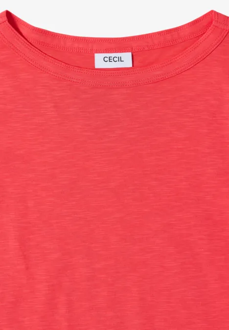 Kurzarm T-Shirt aus reiner Baumwolle coral Rotes, meliertes T-Shirt mit Rundhalsausschnitt und sichtbarem weißen Namenslabel 'CECIL'.