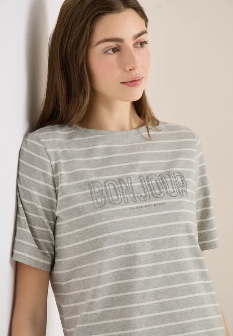 T-Shirt mit Schmuckstein Wording milky grey melange