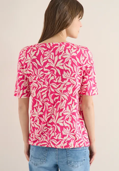 T-Shirt mit V-Neck und floralem Print beetroot pink