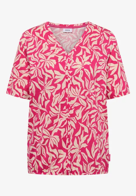T-Shirt mit V-Neck und floralem Print beetroot pink
