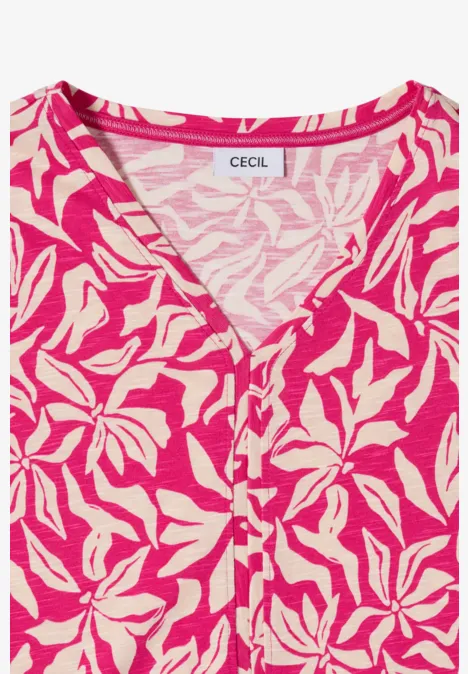 T-Shirt mit V-Neck und floralem Print beetroot pink