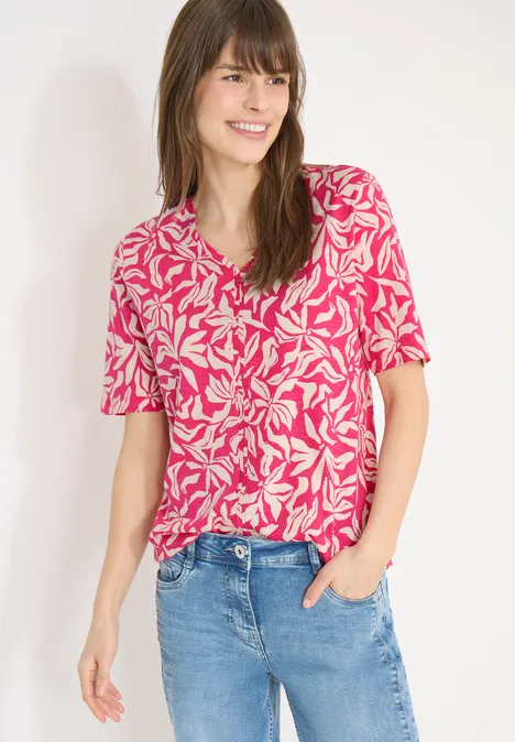 T-Shirt mit V-Neck und floralem Print beetroot pink