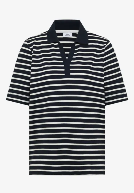 Schwarz-weiß gestreiftes Poloshirt mit kurzem Arm und V-Ausschnitt.