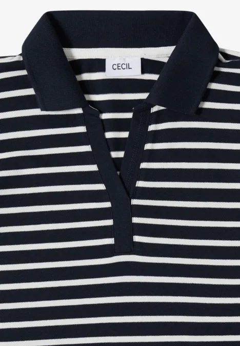 Ein gestreiftes Polohemd in Schwarz und Weiß, kurzärmelig, mit Kragen.