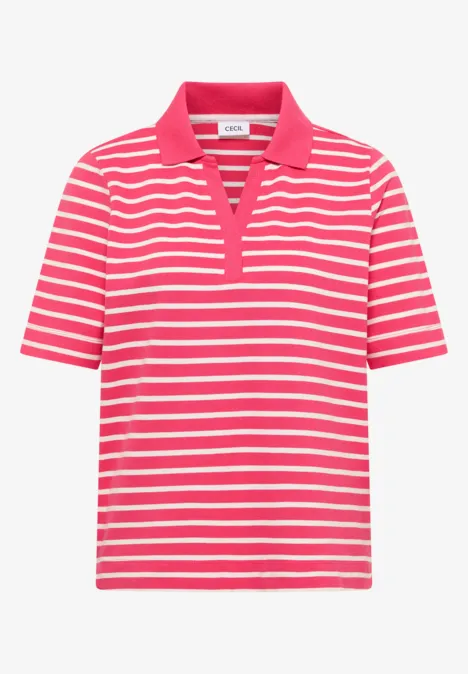 Ein pink-weiß gestreiftes Polo-Shirt mit Kurzarm und V-Ausschnitt.